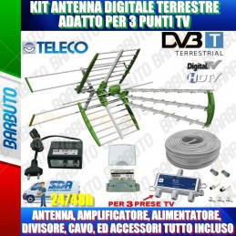 KIT ANTENNA TV DIGITALE TERRESTRE PER 3 PRESE TV PER VILLETTA O CASA SINGOLA