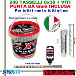 200 TASSELLI UNIVERSALI FRIULSIDER X1 IN NYLON 6X30 mm CON VITE+PUNTA DA 6mmX160