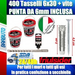 400 TASSELLI UNIVERSALI FRIULSIDER X1 IN NYLON 6X30 mm CON VITE+PUNTA DA 6mmx160